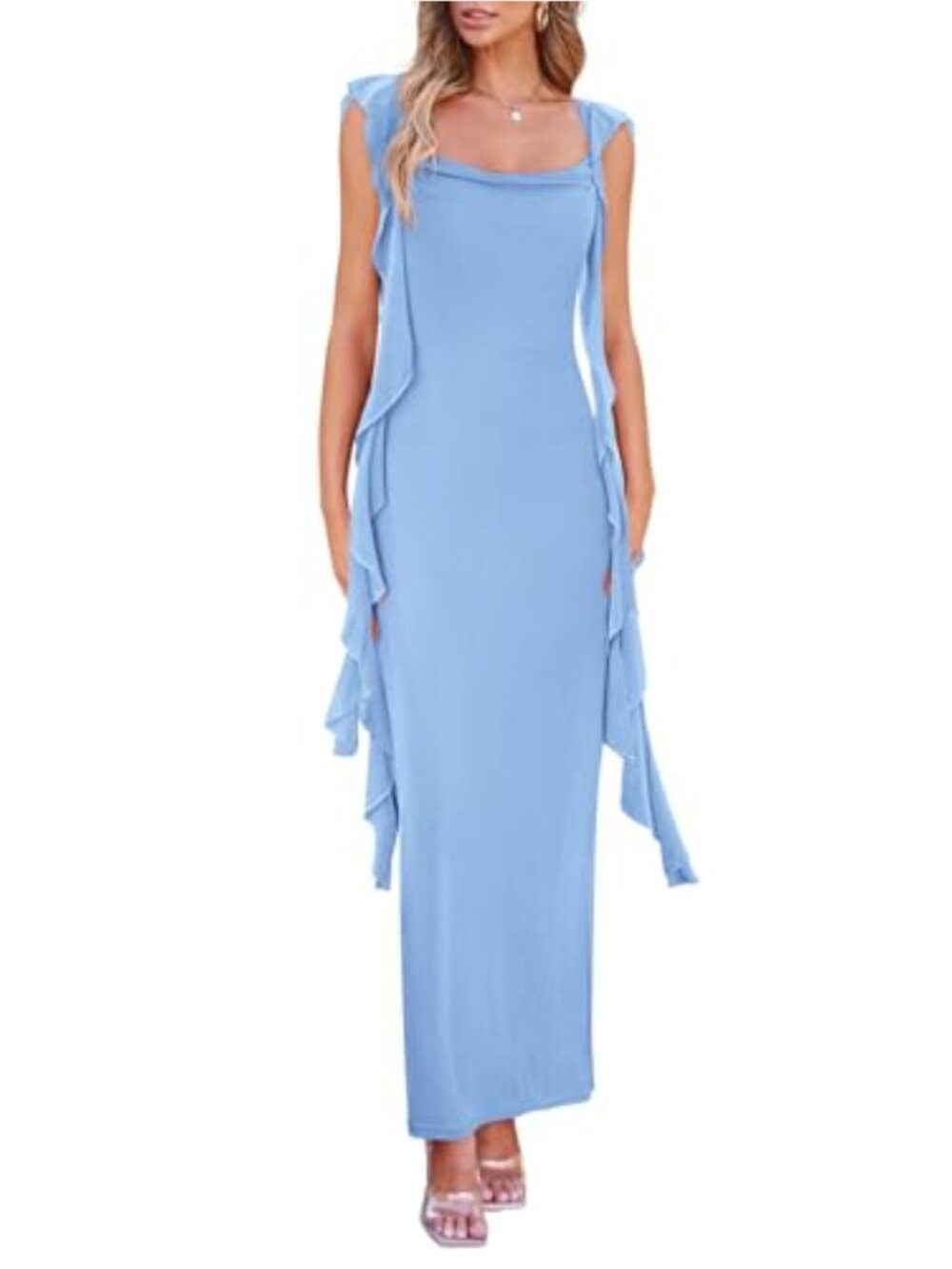 Ruffle Bodycon Maxi Dress with Open Back Sweetheart Neckline